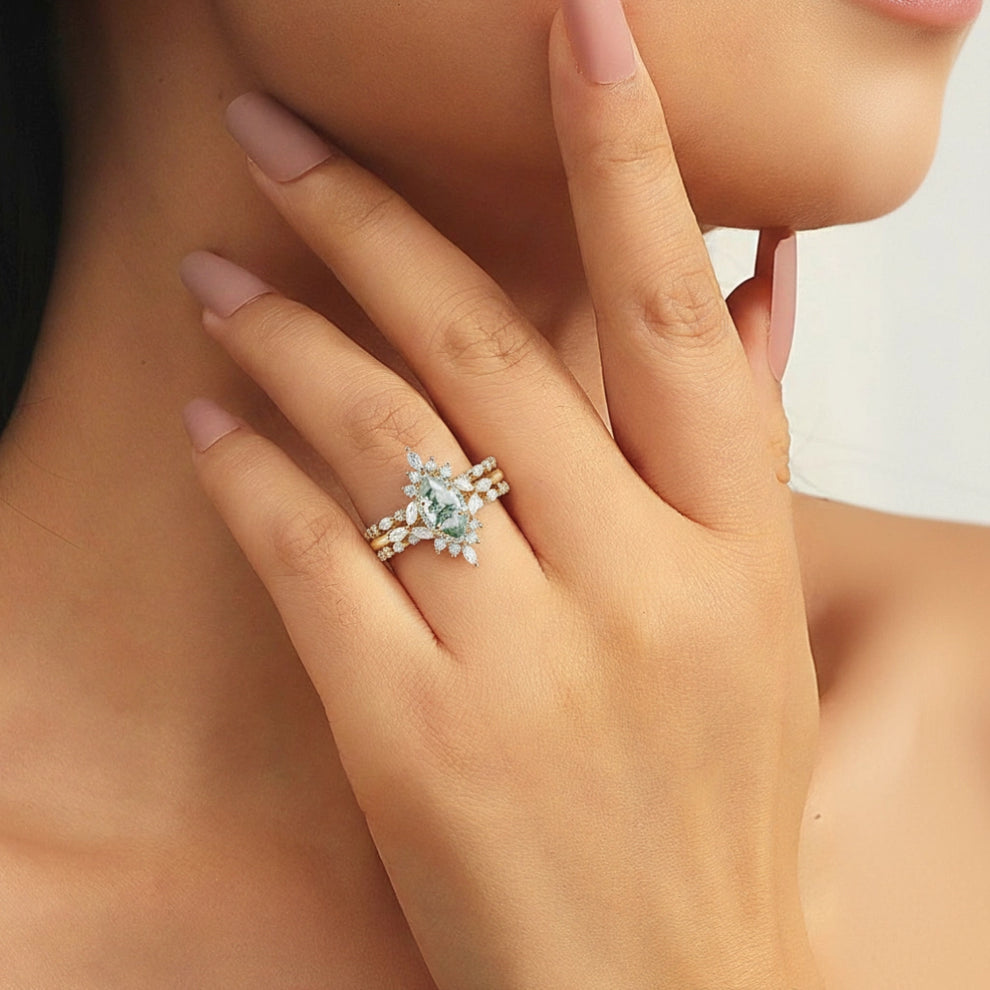 Elara’s Cluster | Marquise Moss Agate Vintage Ring Set 3pcs.