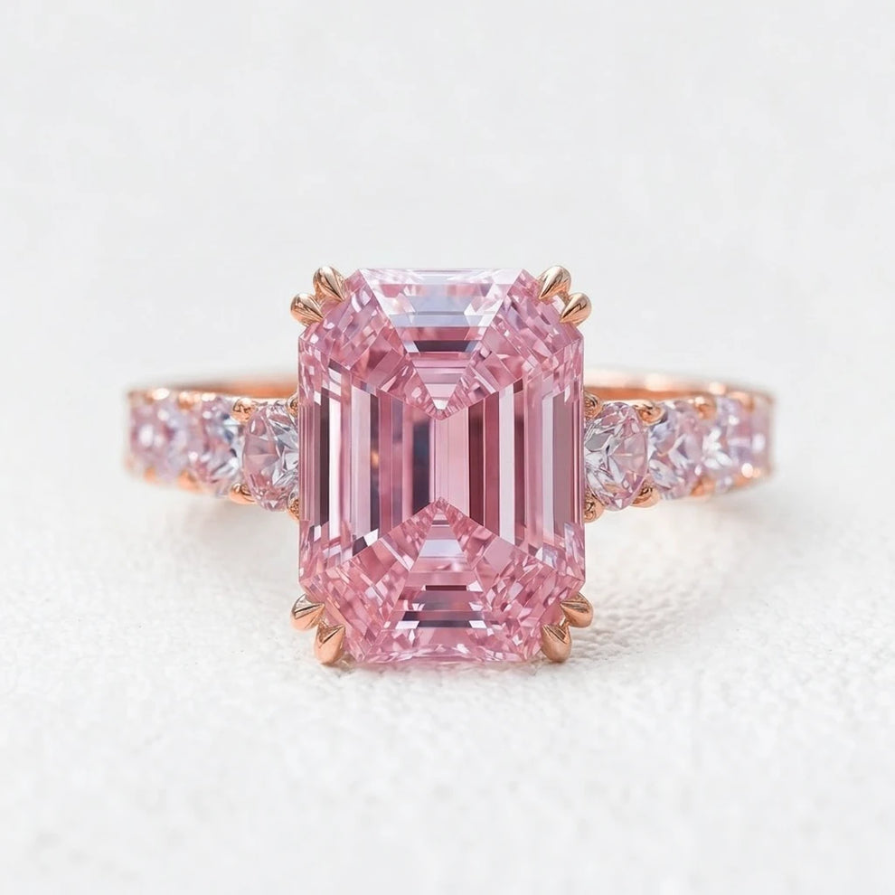 Aurora’s Aureole | 3CT Emerald Cut Pink Sapphire Engagement Ring