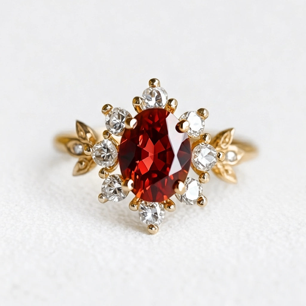 Golden Tudor Bloom | Antique Oval Garnet Engagement Ring.