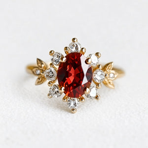 Golden Tudor Bloom | Antique Oval Garnet Engagement Ring.