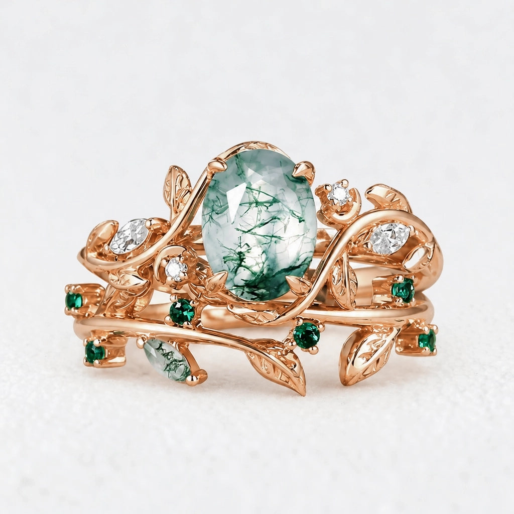 Genevieve’s Verdant | Oval Moss Agate Foliage Vintage Bridal Duo