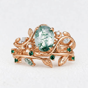 Genevieve’s Verdant | Oval Moss Agate Foliage Vintage Bridal Duo