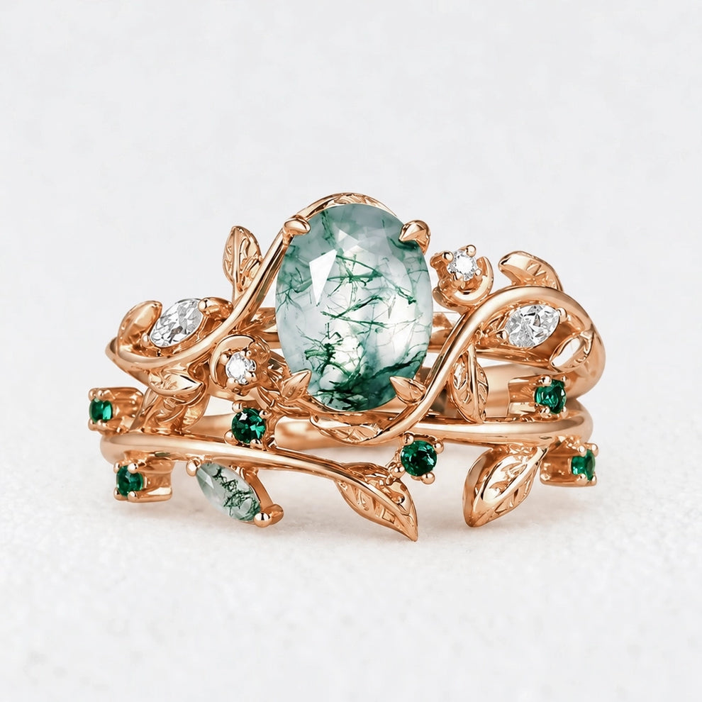 Genevieve’s Verdant | Oval Moss Agate Foliage Vintage Bridal Duo
