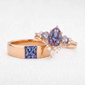 Sylvie’s Mirage | Alexandrite Pear Cluster & Princess Band Couple Set 3pcs