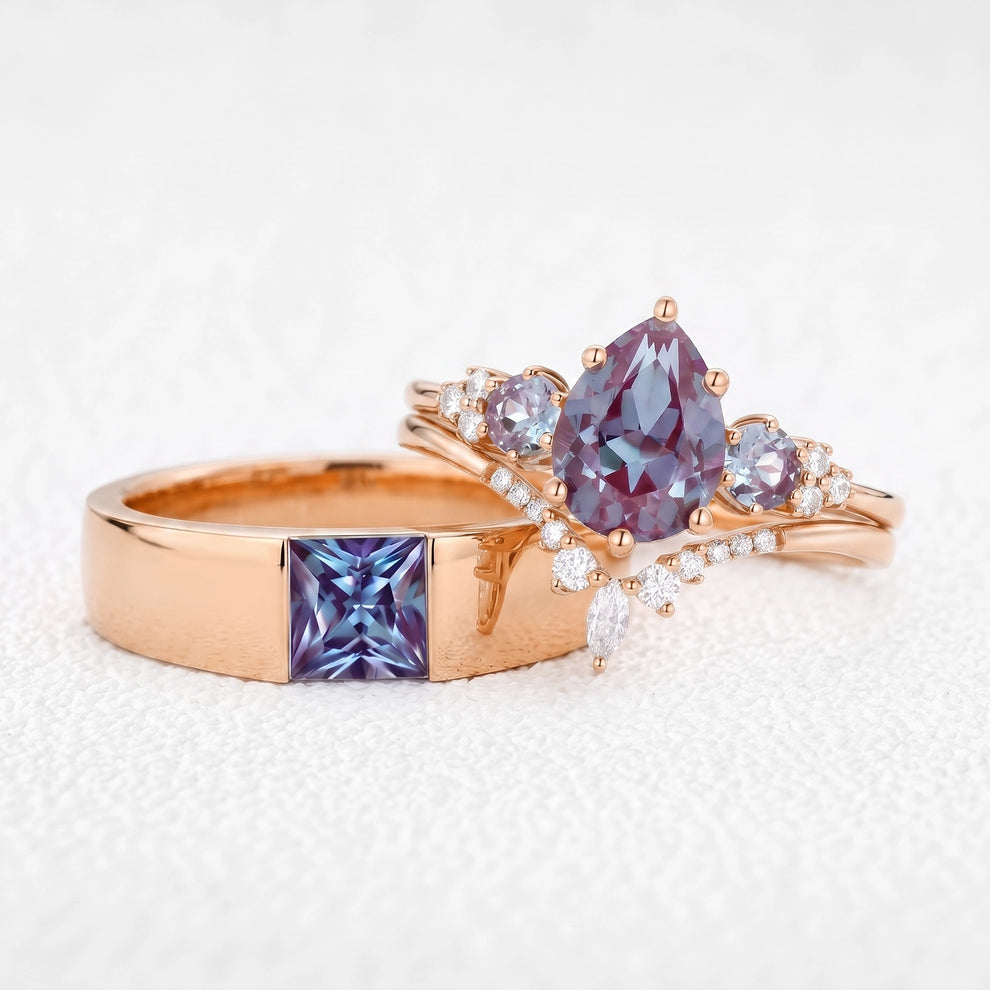 Sylvie’s Mirage | Alexandrite Pear Cluster & Princess Band Couple Set 3pcs