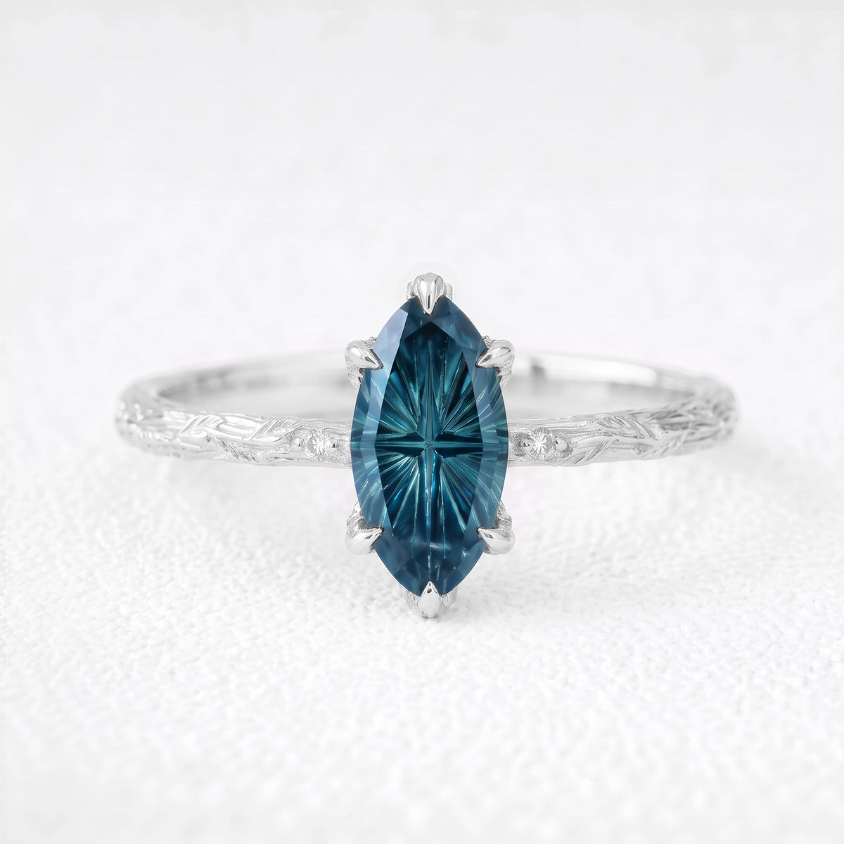 Aurelia’s Vesper | Fantasy-Cut Marquise London Blue Topaz Foliage Filigree Vintage Engagement Ring