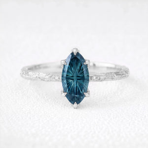 Aurelia’s Vesper | Fantasy-Cut Marquise London Blue Topaz Foliage Filigree Vintage Engagement Ring