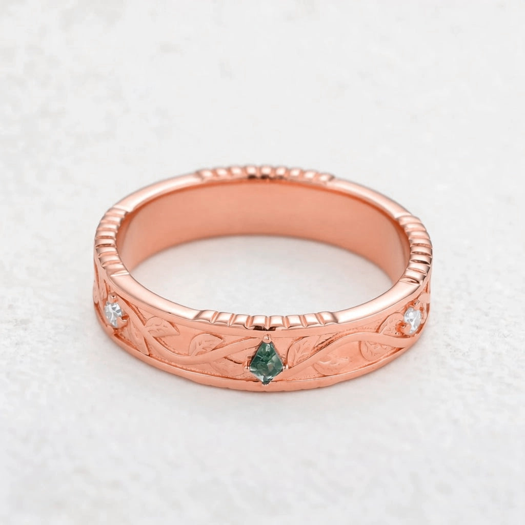 Pomona’s Bosk | Unique Kite Cut Moss Agate Leafy Couple Ring Set 3pcs.