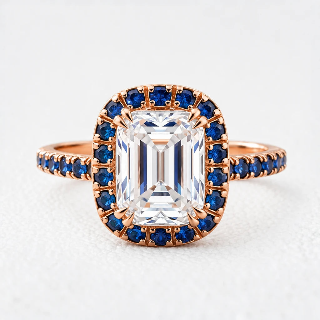 Aurora’s Luminary | 2CT Emerald Cut Diamond Sapphire Halo & Pavé Ring