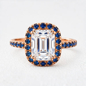 Aurora’s Gleam | 2CT Emerald Cut Halo Moissanite Ring