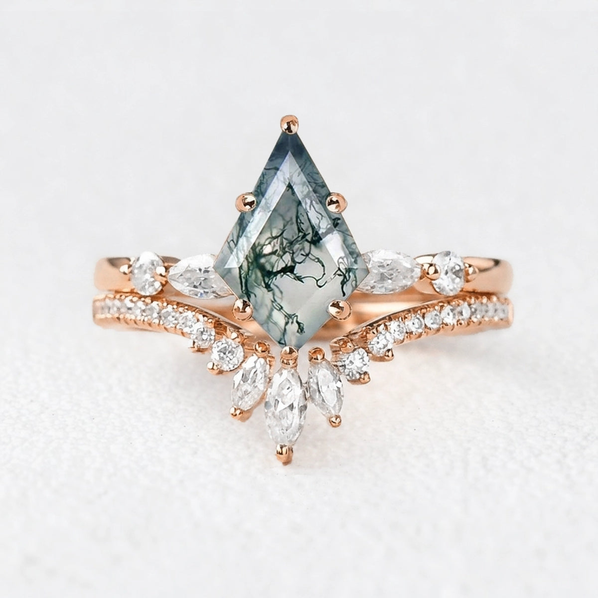 Seraphina's Whisper | Kite Cut Moss Agate Chevron Bridal Duo