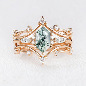 Ivy’s Entwined | Long Hexagon Moss Agate Leafy Bridal Set 3pcs.