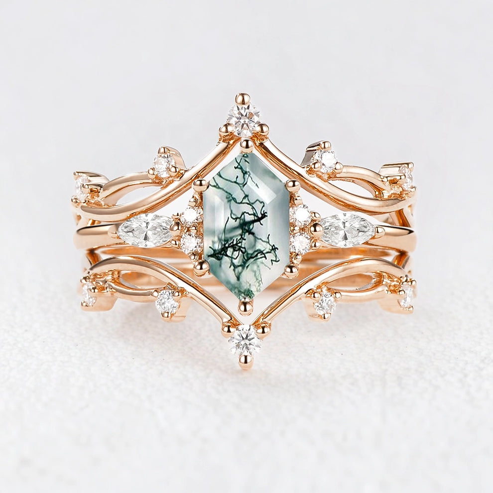 Ivy’s Entwined | Long Hexagon Moss Agate Leafy Bridal Set 3pcs.