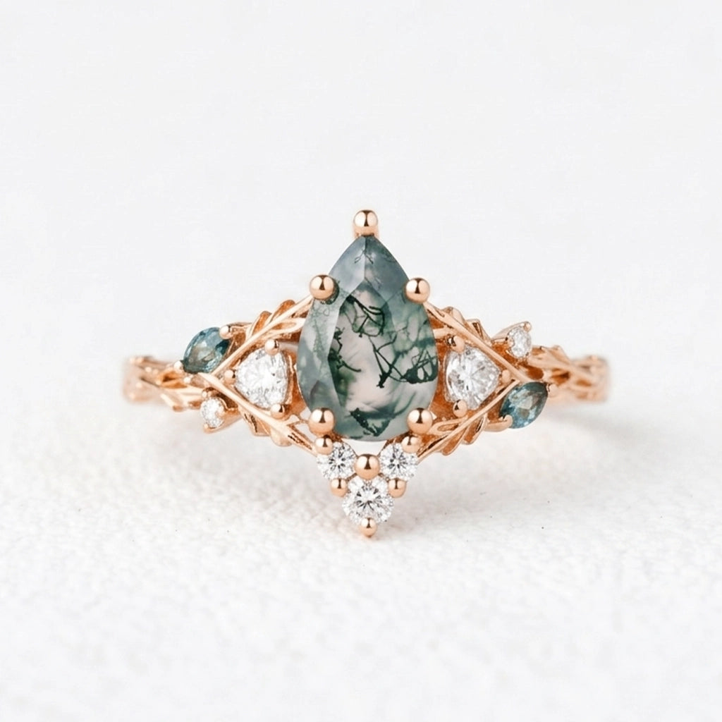 Katriel Pear Cut Lab Moss Agate Oak Leaf Engagement Ring.