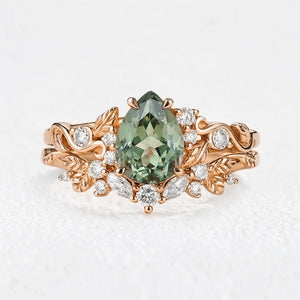 Sylvie’s Vine | 1.3CT Vintage Green Sapphire & Leaf Bridal Set 2pcs