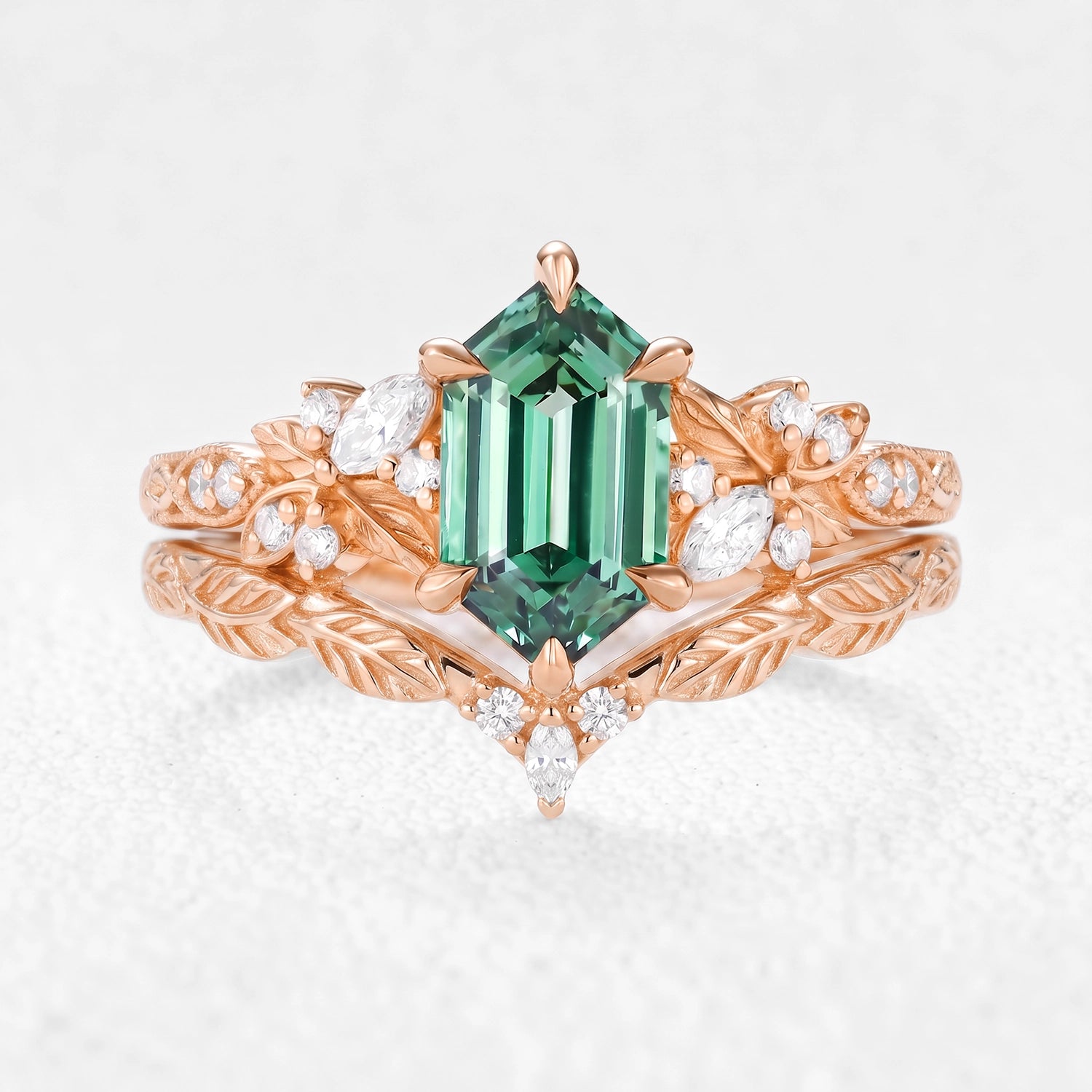 Sylvia’s Heartwood | Hexagon Cut Lab Green Sapphire Foliage Bridal Duo