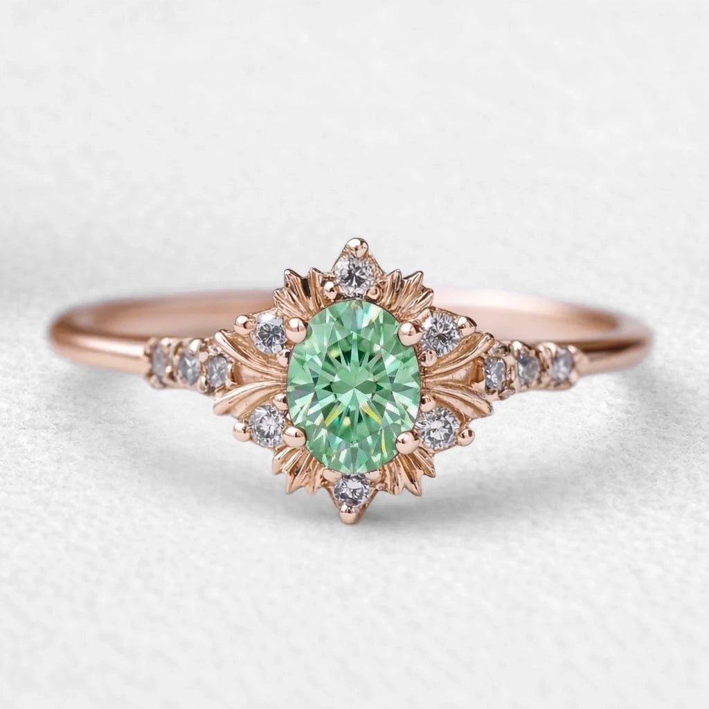 Isolde’s Enchantment | Vintage Oval Green Sapphire Halo Engagement Ring