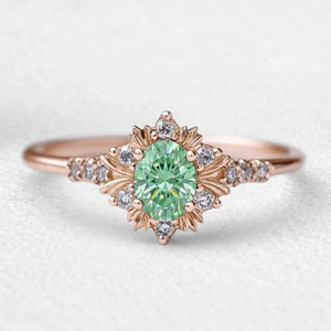 Isolde’s Enchantment | Vintage Oval Green Sapphire Halo Engagement Ring