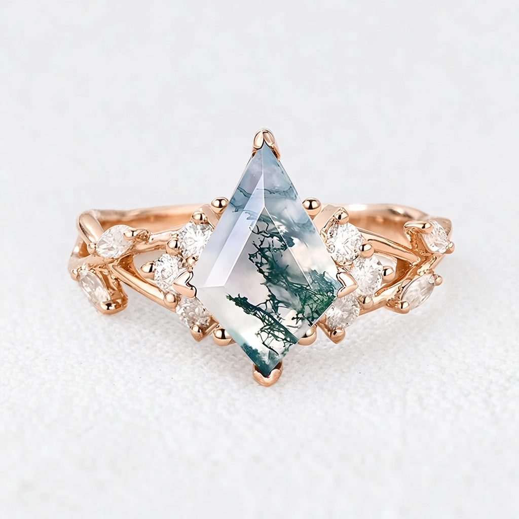 Rosalind’s Wreath | Kite Moss Agate Moissanite Accents Engagement Ring