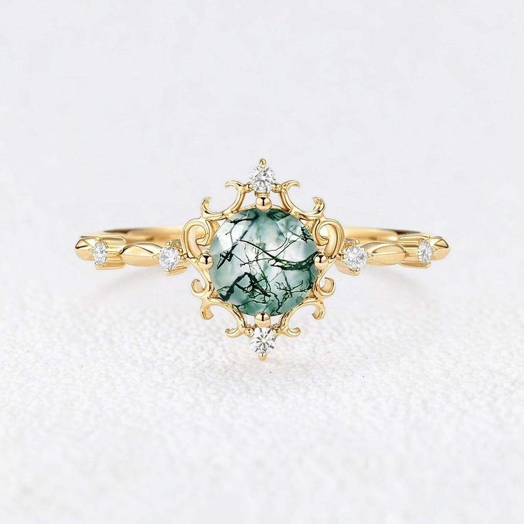 Rosalind’s Verdant | Vintage Round Moss Agate Cluster Engagement Ring
