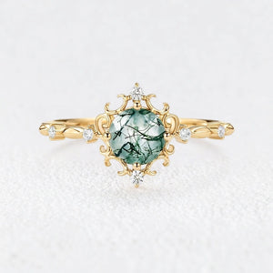 Rosalind’s Verdant | Vintage Round Moss Agate Cluster Engagement Ring