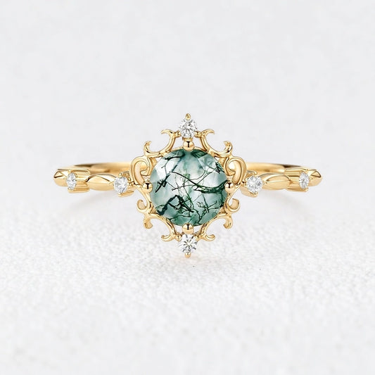 Rosalind’s Verdant | Vintage Round Moss Agate Cluster Engagement Ring