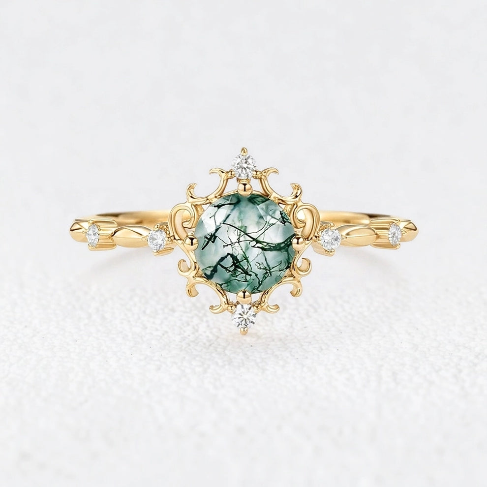 Rosalind’s Verdant | Vintage Round Moss Agate Cluster Engagement Ring