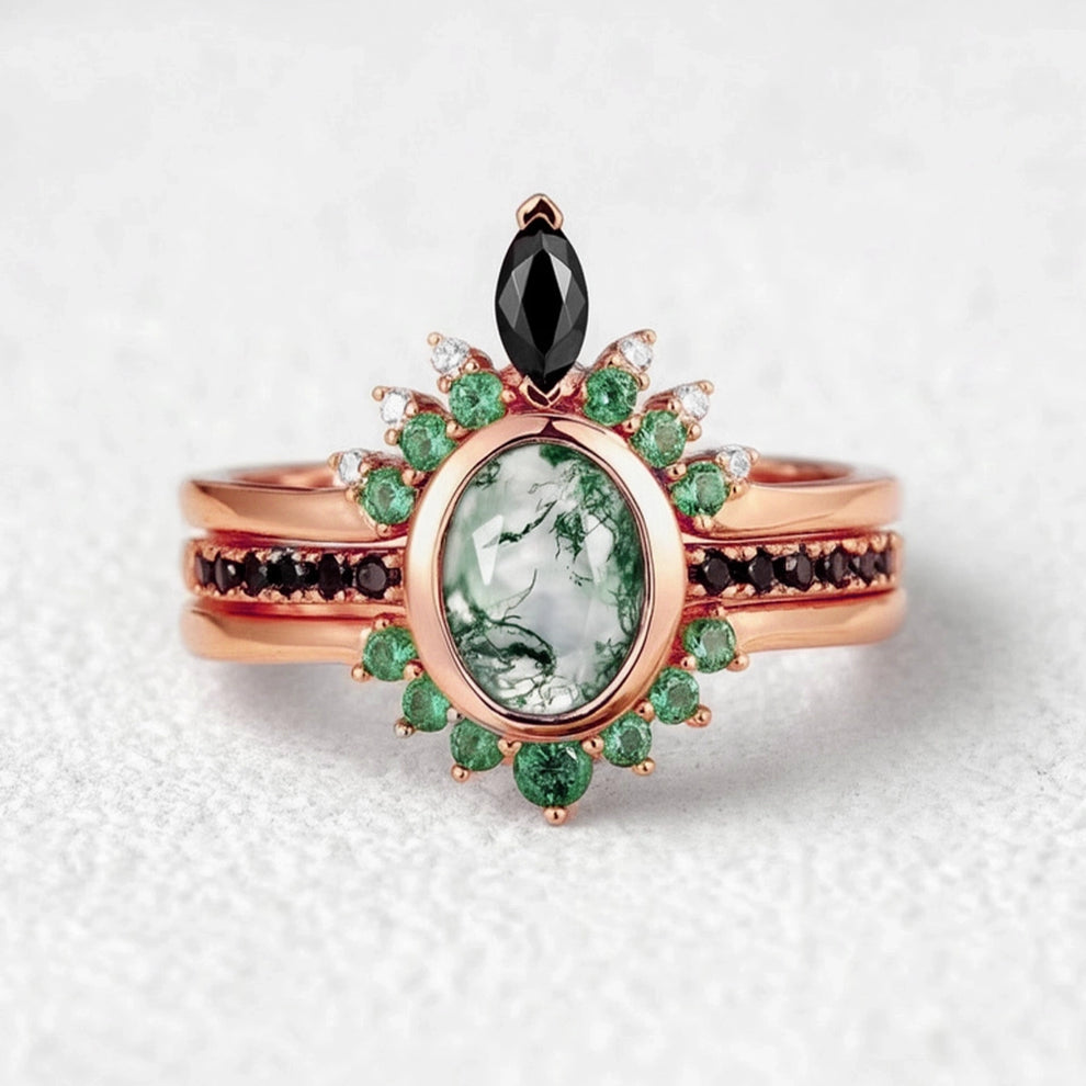 Unique Oval cut Moss Agate Leaf and Vine Promise Ring Set 3pcs.