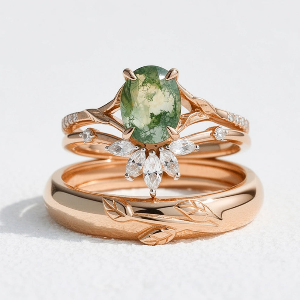 Zinnia’s Meadow | Oval Cut Moss Agate Leafy Gold Couple Ring Set 3pcs.