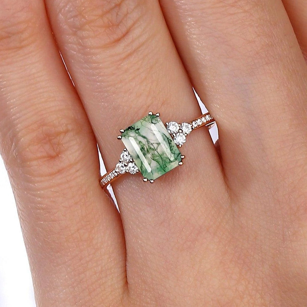 Isadora’s Verdant | Emerald‑Cut Moss Agate Pavé Engagement Ring