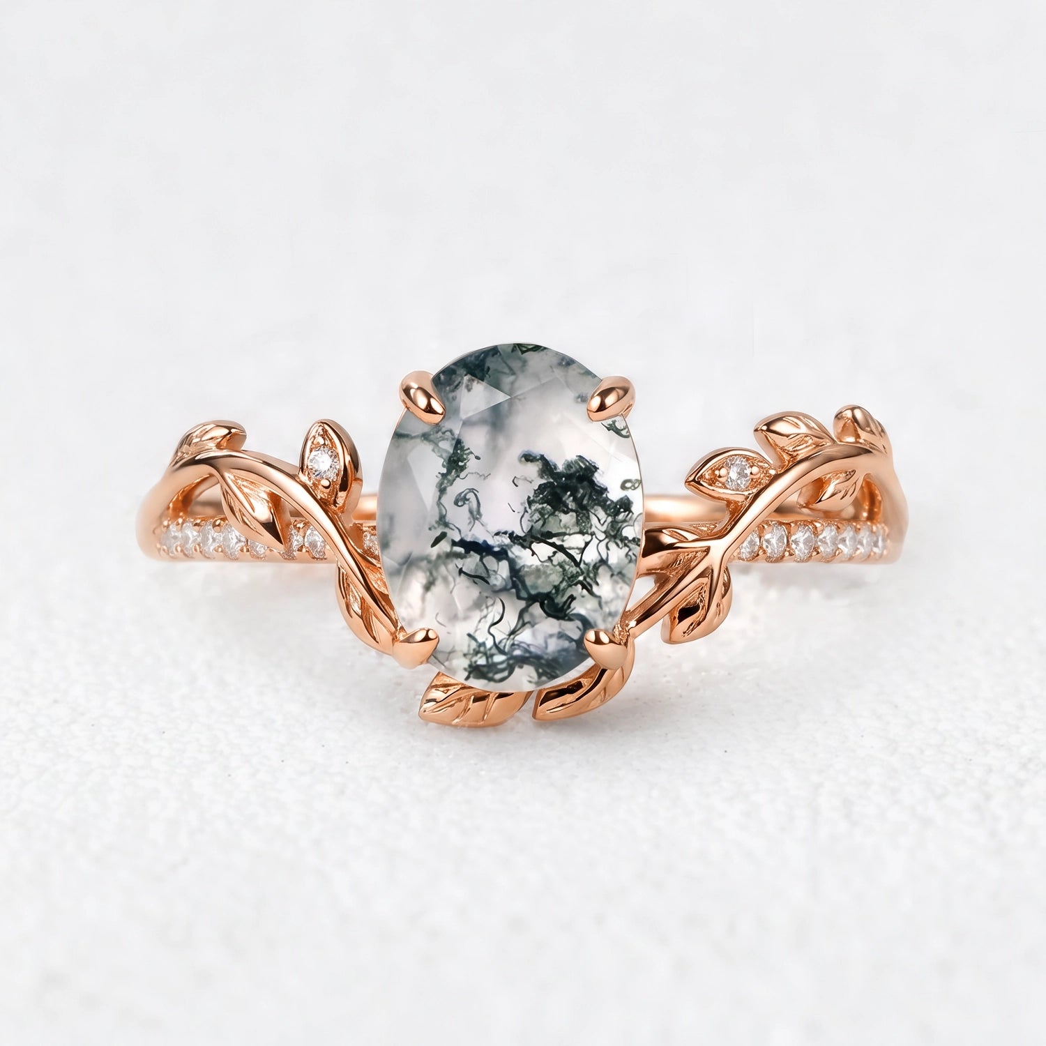 Marguerite’s Foliage | Oval Moss Agate Engagement Ring