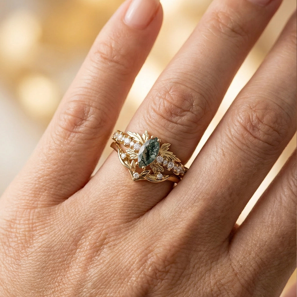 Aurora’s Moss Wing | Marquise Moss Agate Vintage Bridal Set 2pcs.