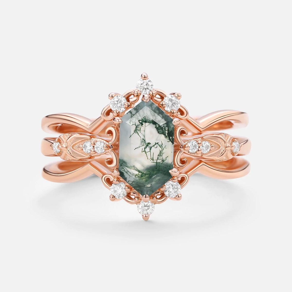 Isolde’s Enclave  | Vintage Long Hexagon Moss Agate & Moissanite Couple Ring Set 3pcs.