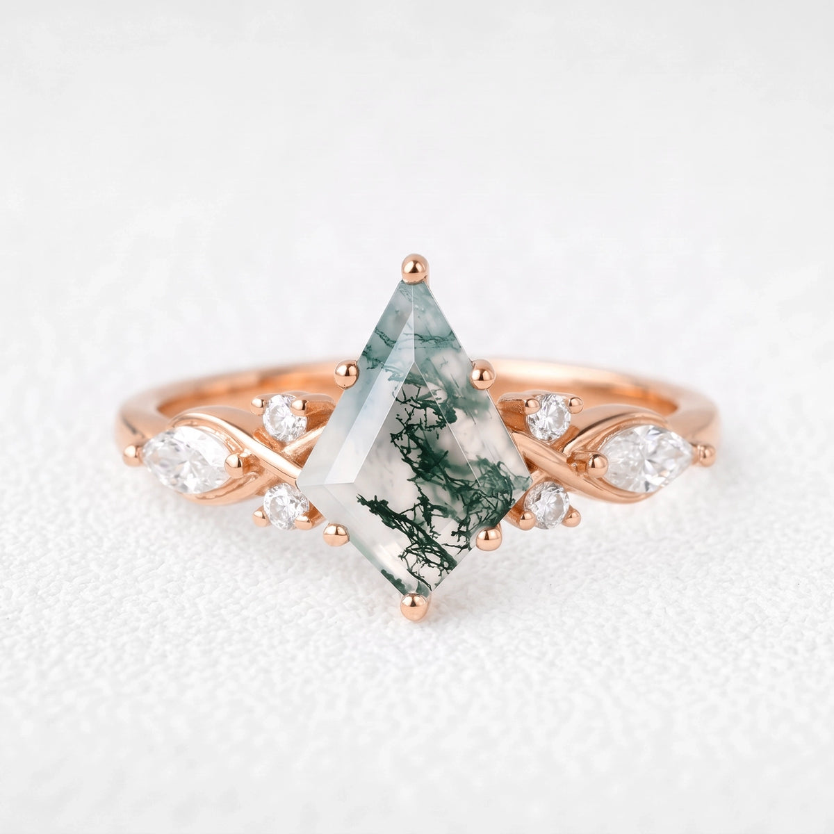 Isadora’s Grove | Kite Cut Moss Agate Leafy Engagement Ring