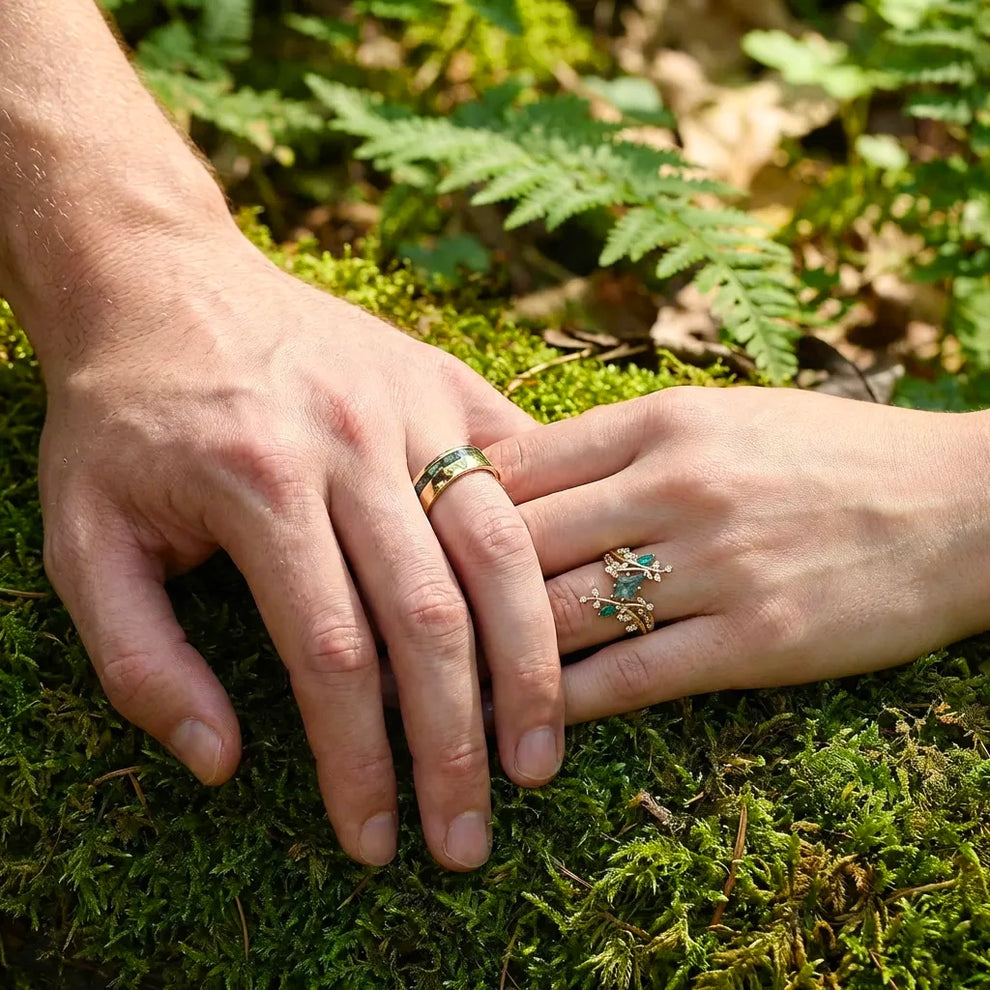 Sylvie’s Bower | Kite Cut Moss Agate Cage Leafy Couple Ring Set 3pcs.