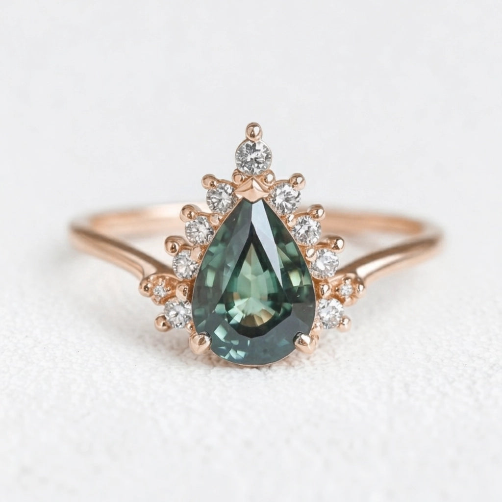 Mermaid’s Crown | Pear Teal Sapphire Halo Engagement Ring.