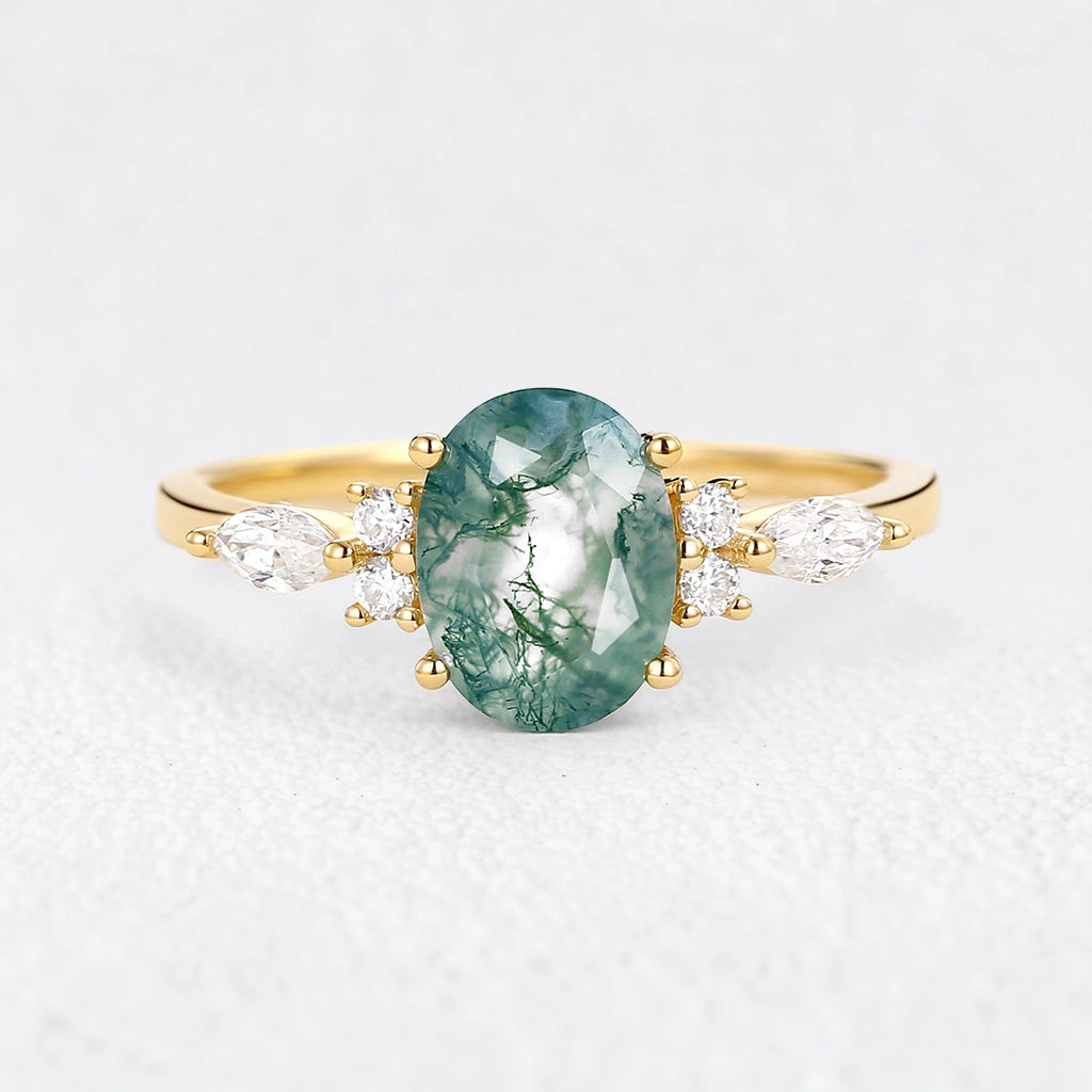 Oval Moss Agate Classic Engagement Ring.