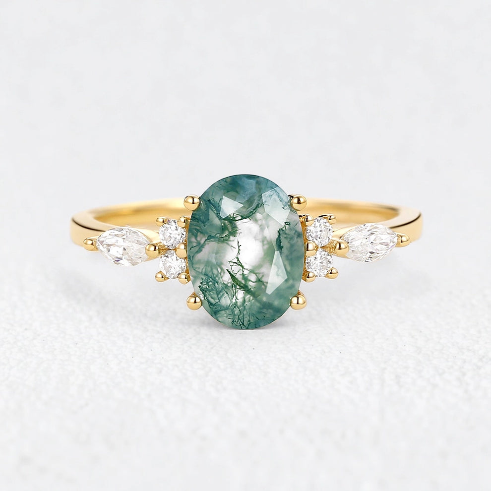 Oval Moss Agate Classic Engagement Ring.