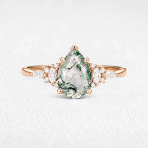 Sylvie’s Dew | Vintage Pear Moss Agate Cluster Engagement Ring