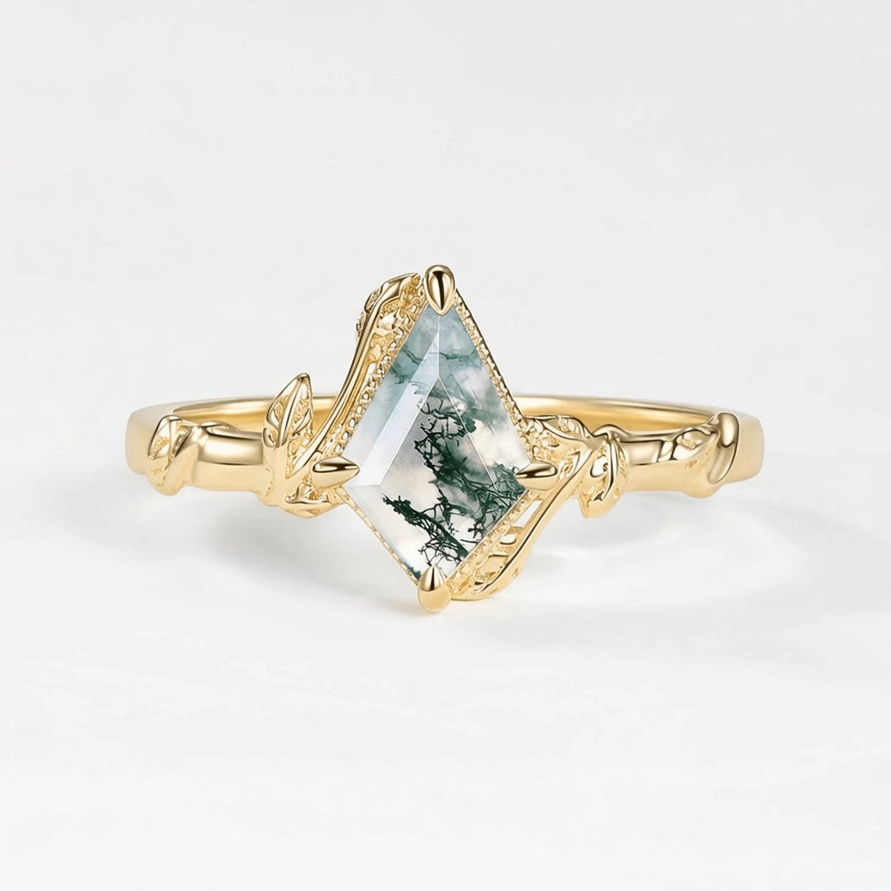 Delphine’s Twine | Kite Cut Moss Agate Leafy Engagement Ring.