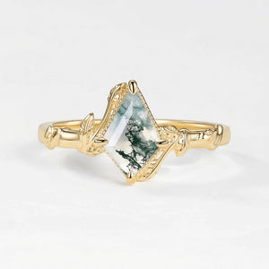 Delphine’s Twine | Kite Cut Moss Agate Leafy Engagement Ring.