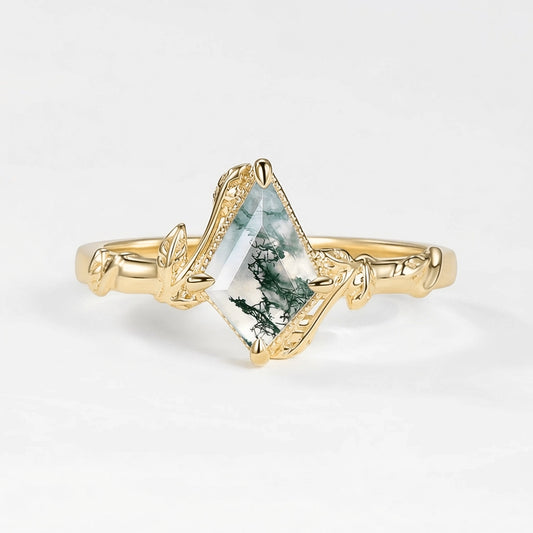 Delphine’s Twine | Kite Cut Moss Agate Leafy Engagement Ring.