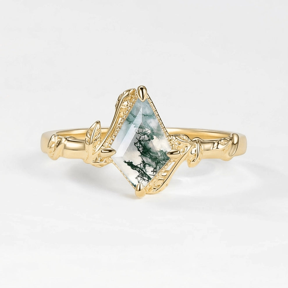 Delphine’s Twine | Kite Cut Moss Agate Leafy Engagement Ring.
