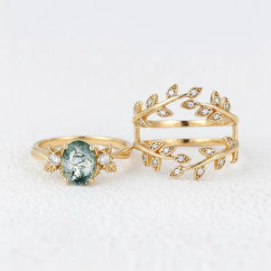 Léonie Oval Cut Moss Agate Leafy Enhancer Ring Set 2pcs.