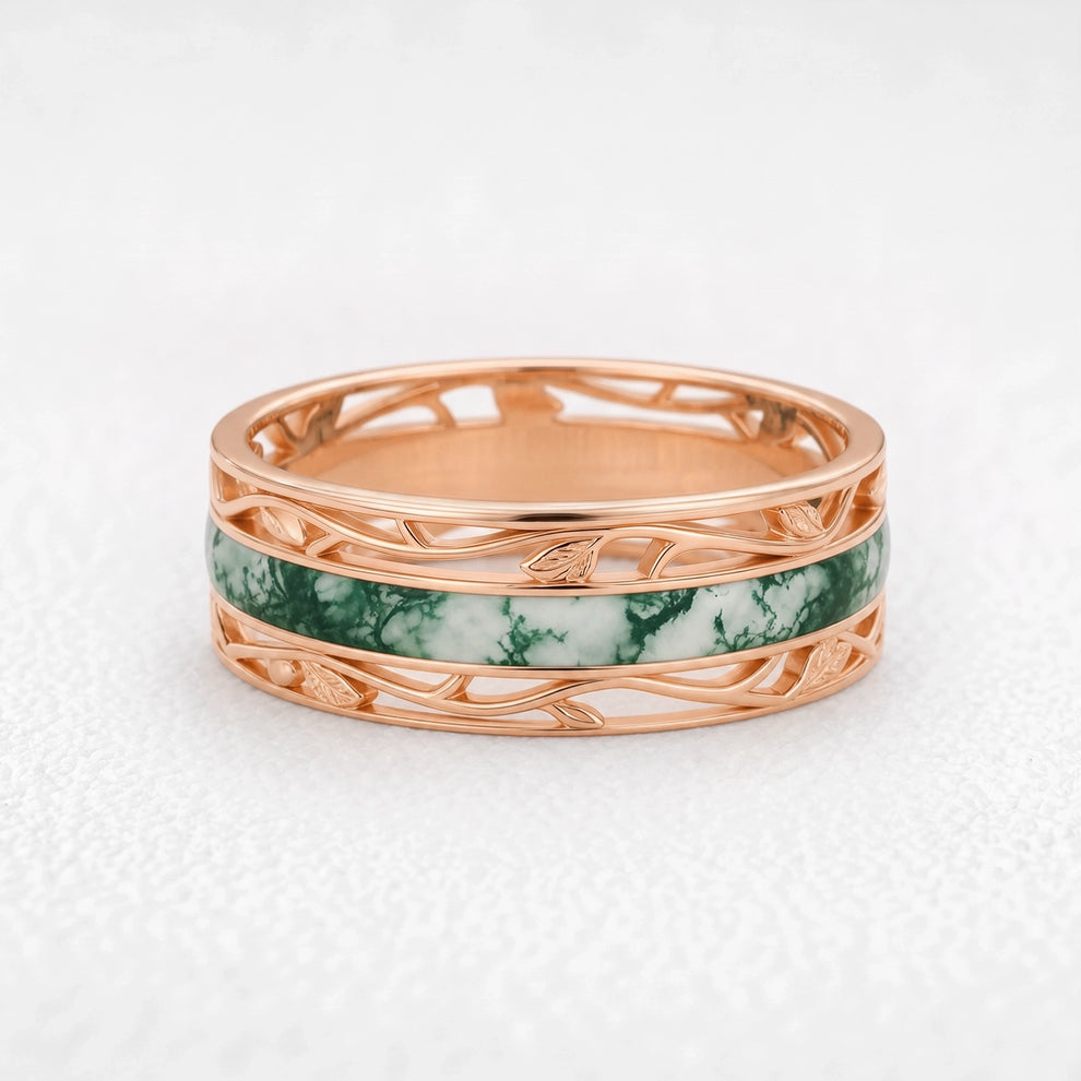 Seraphina‘s Aureole | 1CT Marquise Diamond Chevron & Moss Agate Inlay Band Couple Set Trio