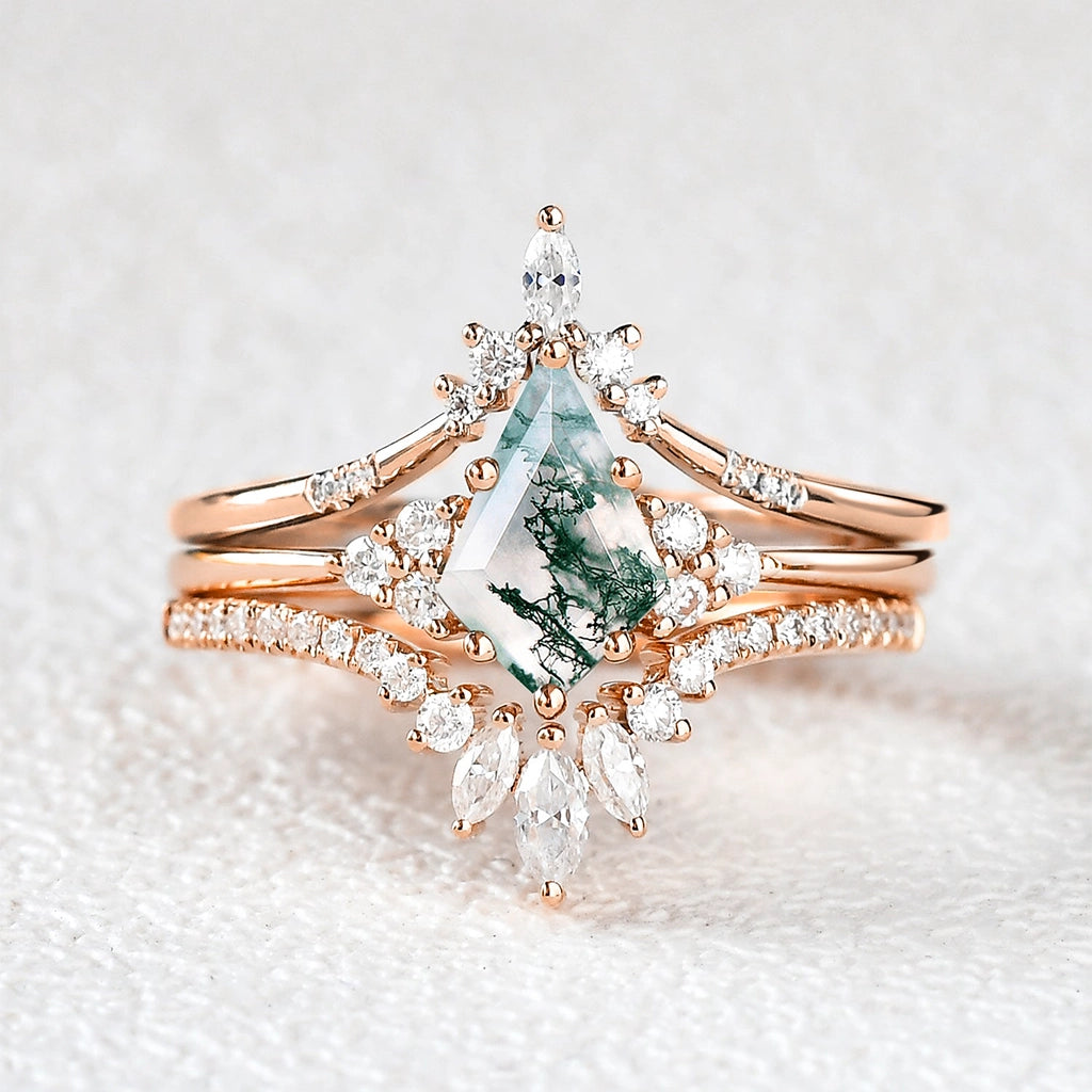 Vivienne’s Trilogy | Vintage Kite Cut Moss Agate Bridal Set 3pcs.