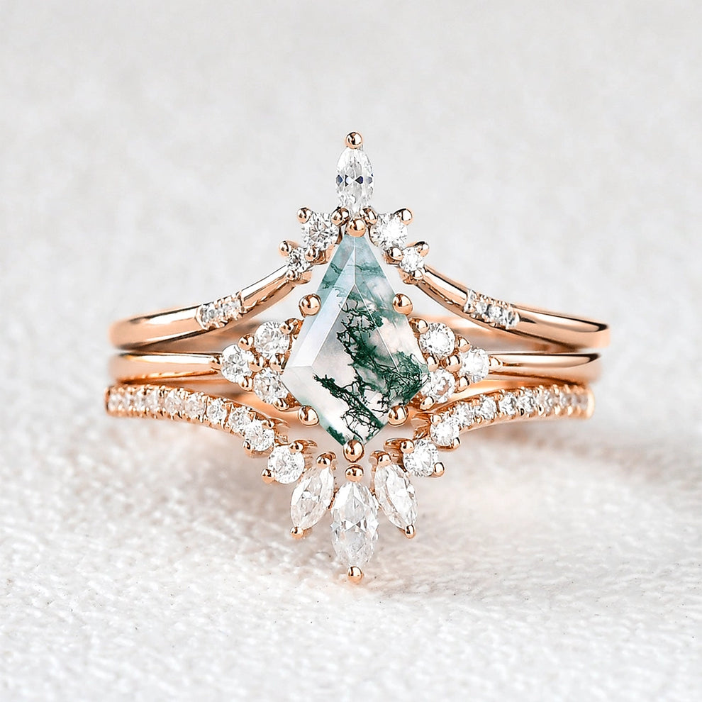 Vivienne’s Trilogy | Vintage Kite Cut Moss Agate Bridal Set 3pcs.