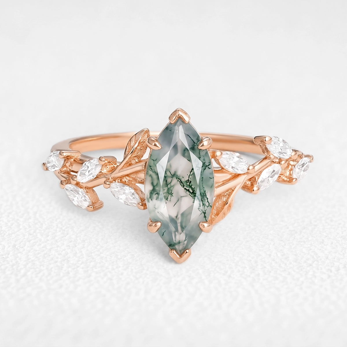 Celandine’s Tendril | Marquise Cut Moss Agate Vine Engagement Ring