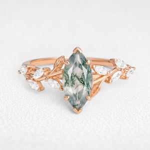 Celandine’s Tendril | Marquise Cut Moss Agate Vine Engagement Ring
