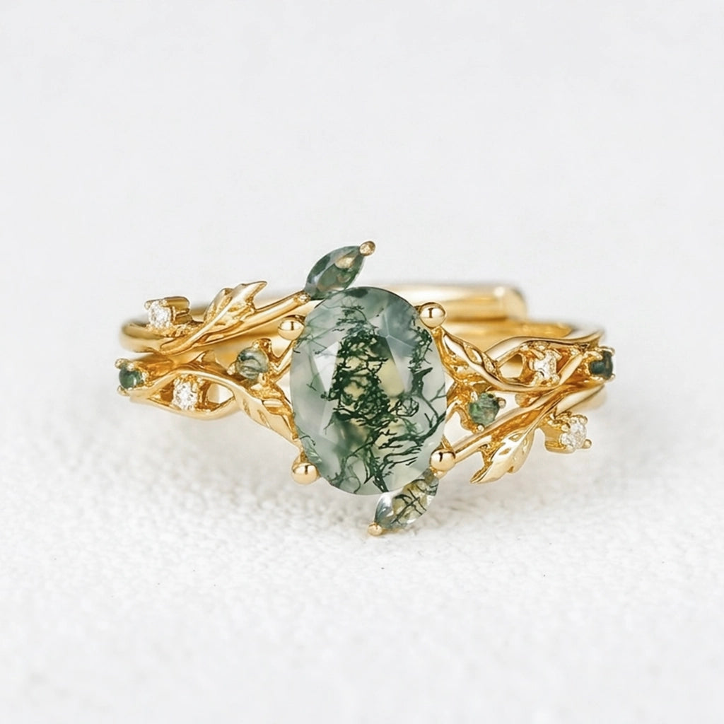 Melisande’s Tracery | Green Moss Agate Leaf Engagement Ring Set 2pcs.
